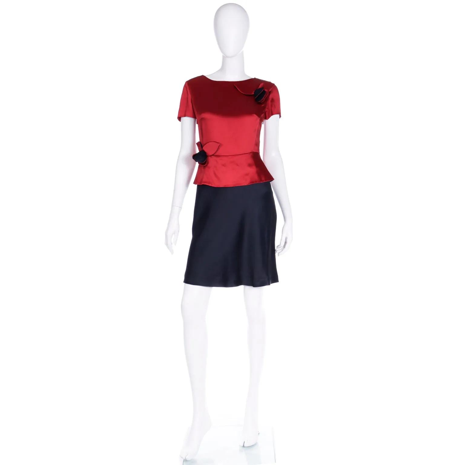1990s Moschino Vintage Red & Black Evening Dress w Flower Appliques