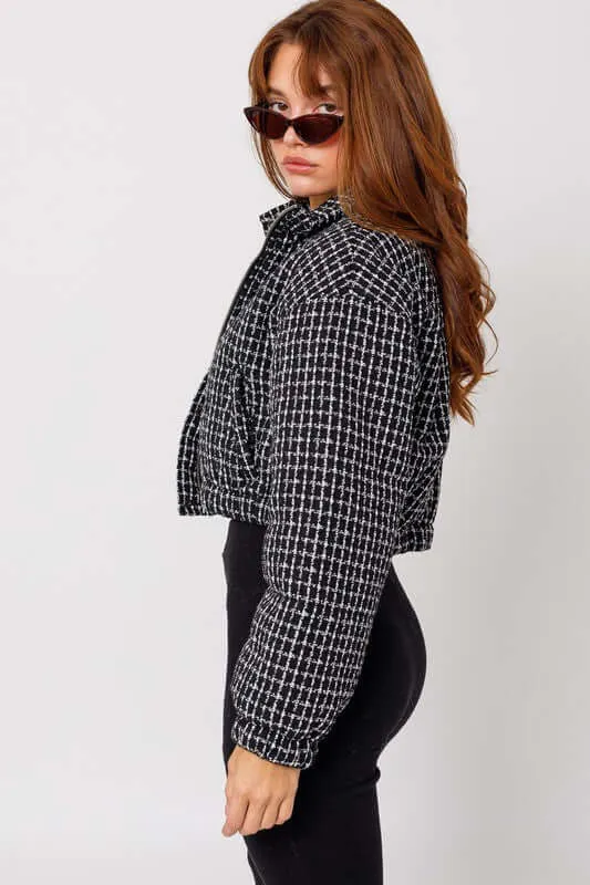 Black & White Tweed Crop Puffer Jacket
