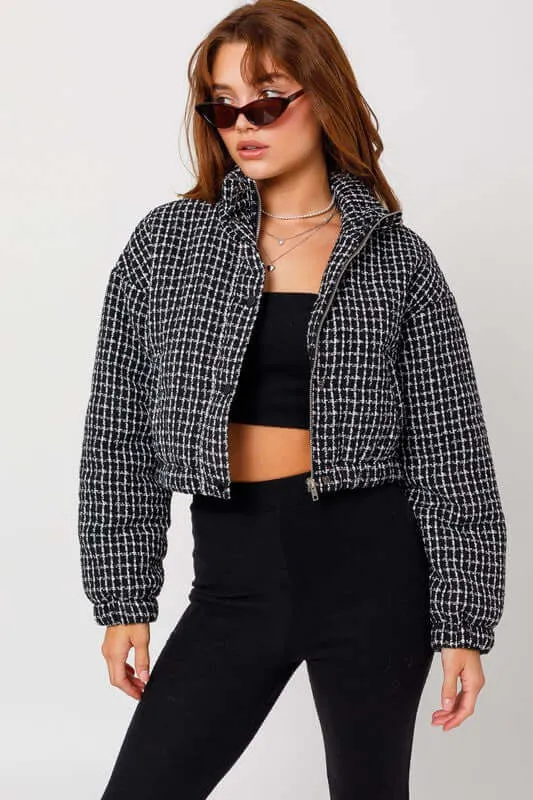Black & White Tweed Crop Puffer Jacket