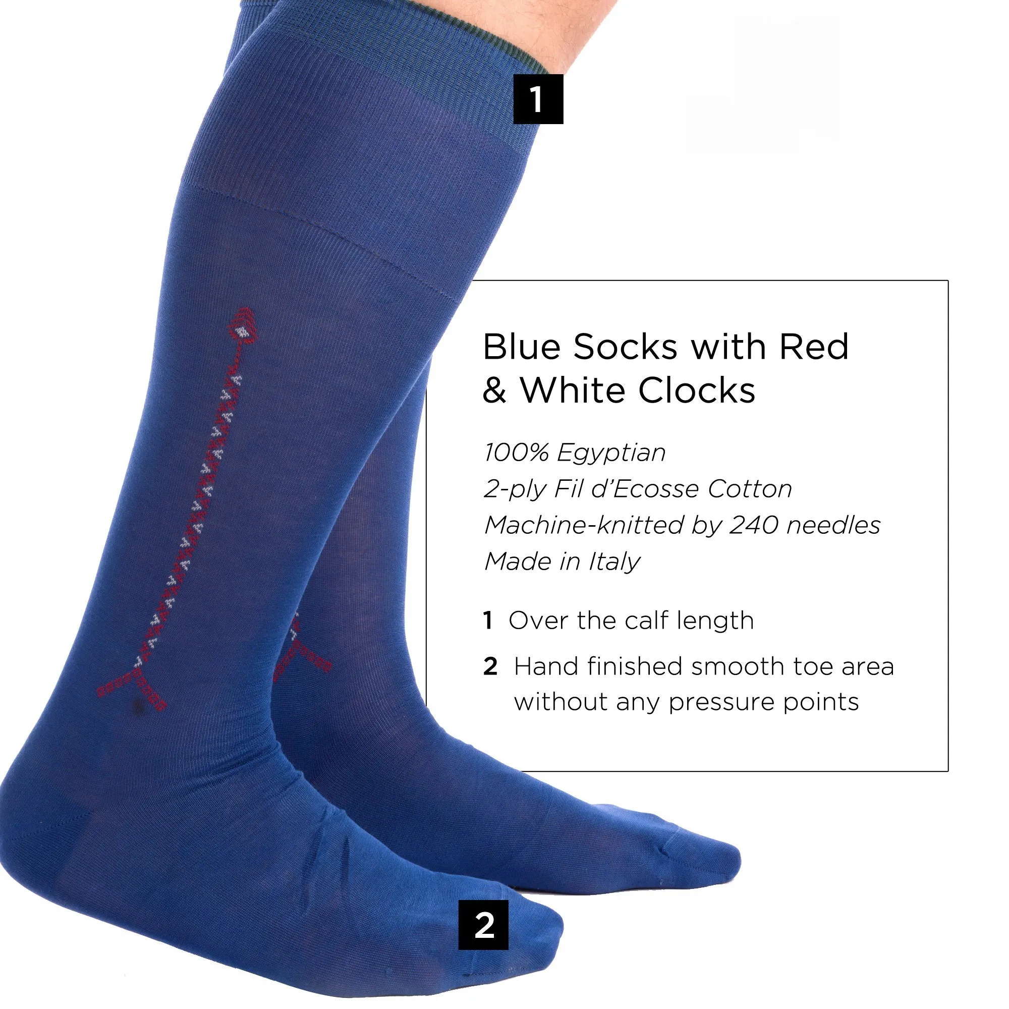 Blue Cotton Socks with Red & White Clocks