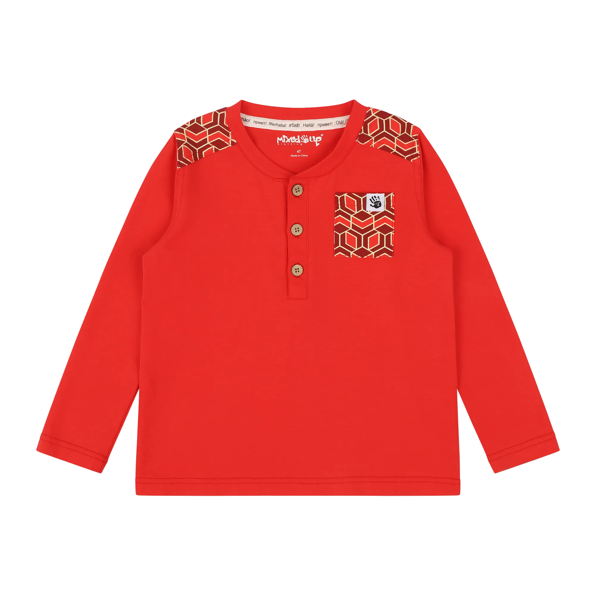 Boys Pocket Long-Sleeve Henley Shirt - Red