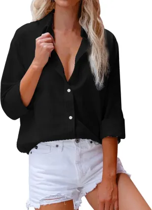 Casual Linen Button Down Shirts for Women Slim Fit Collared Long Sleeve Plain Tops Front Pocket Cotton Summer Blouses