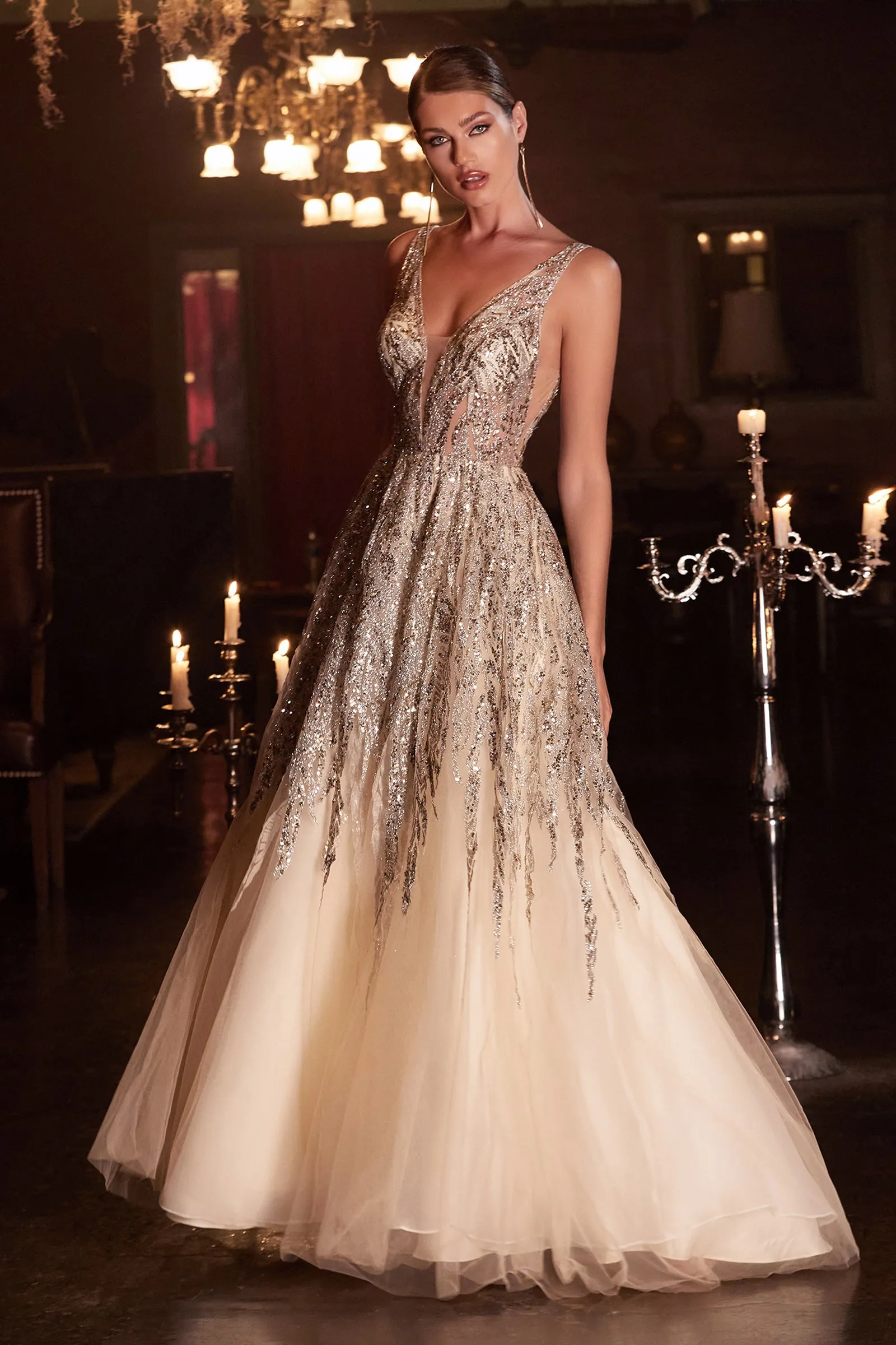 CINDERELLA DIVINE C135 Beaded Sleeveless Shimmer Ball Gown