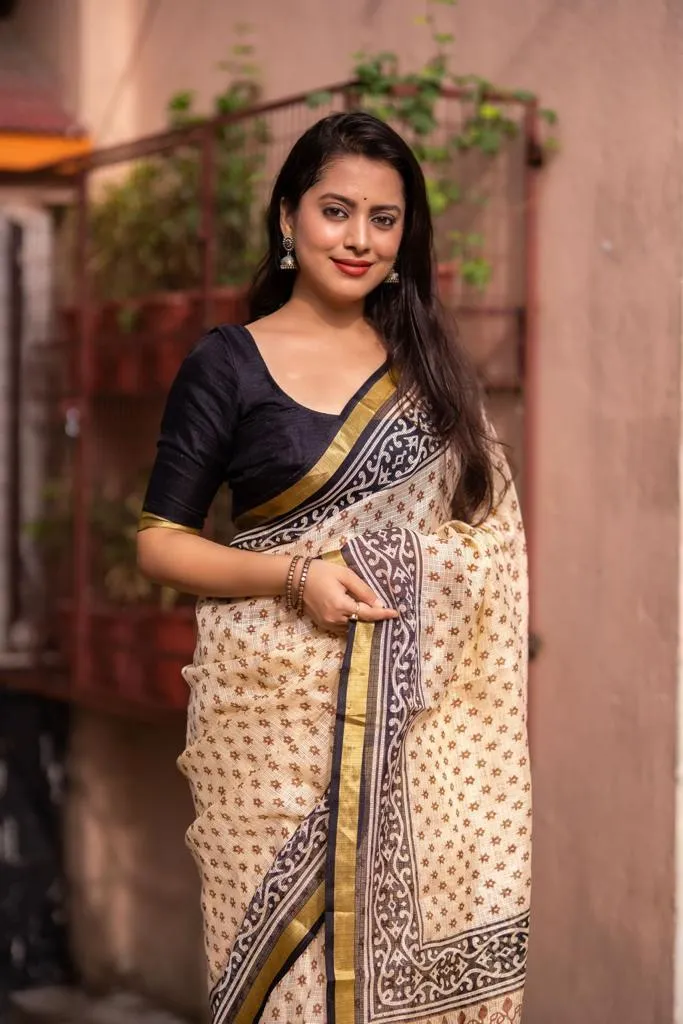 Cream Silk Blend Geometric Saree with Unstitched Blouse - Hiral Fashion