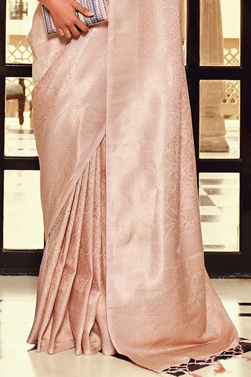 Delectable Beige Kanjivaram Silk Saree With Pleasurable Blouse Piece