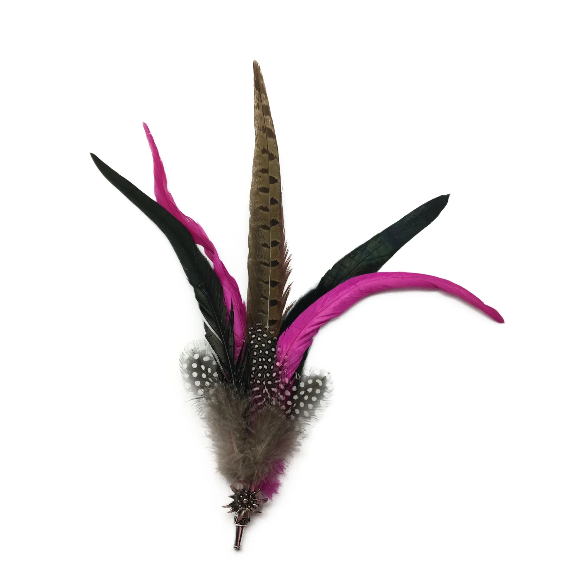 Deluxe German themed Hat Pin w/ Purple & Brown Feathers