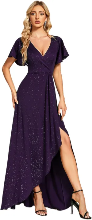 Ever-Pretty Women's Glitter High Low Ruffled Hem V-Neck Formal Dress with Sleeves 01738
