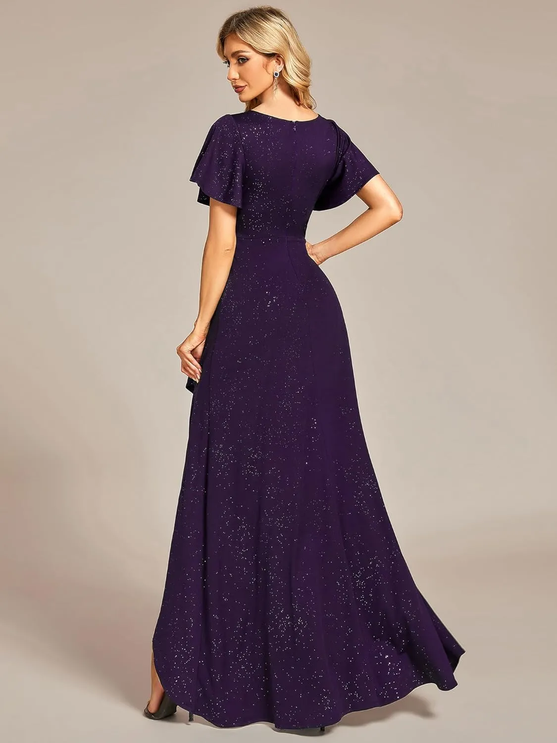 Ever-Pretty Women's Glitter High Low Ruffled Hem V-Neck Formal Dress with Sleeves 01738