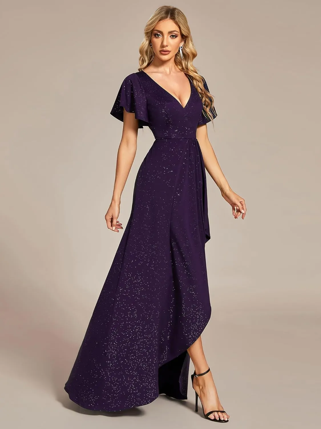 Ever-Pretty Women's Glitter High Low Ruffled Hem V-Neck Formal Dress with Sleeves 01738