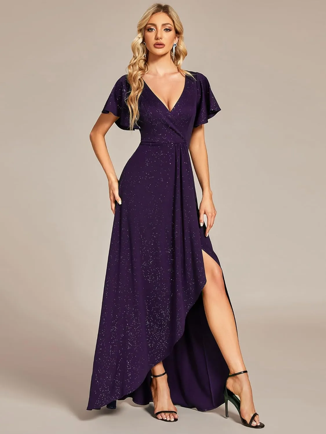 Ever-Pretty Women's Glitter High Low Ruffled Hem V-Neck Formal Dress with Sleeves 01738
