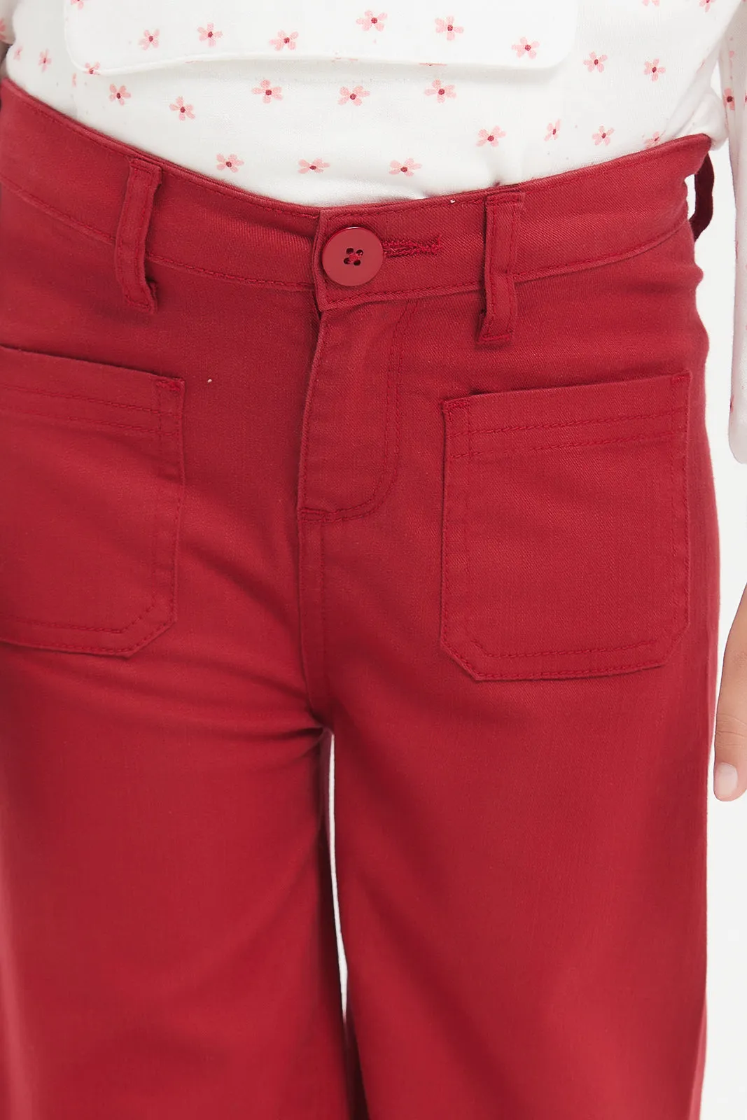 Girls Red Wide Leg Jeans With Front Patch Pockets