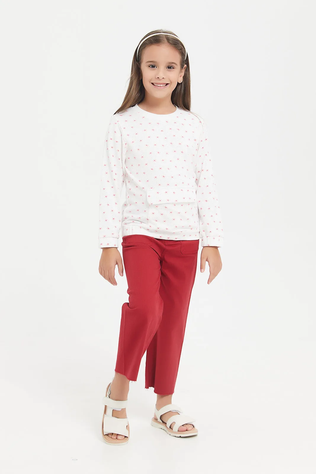Girls Red Wide Leg Jeans With Front Patch Pockets