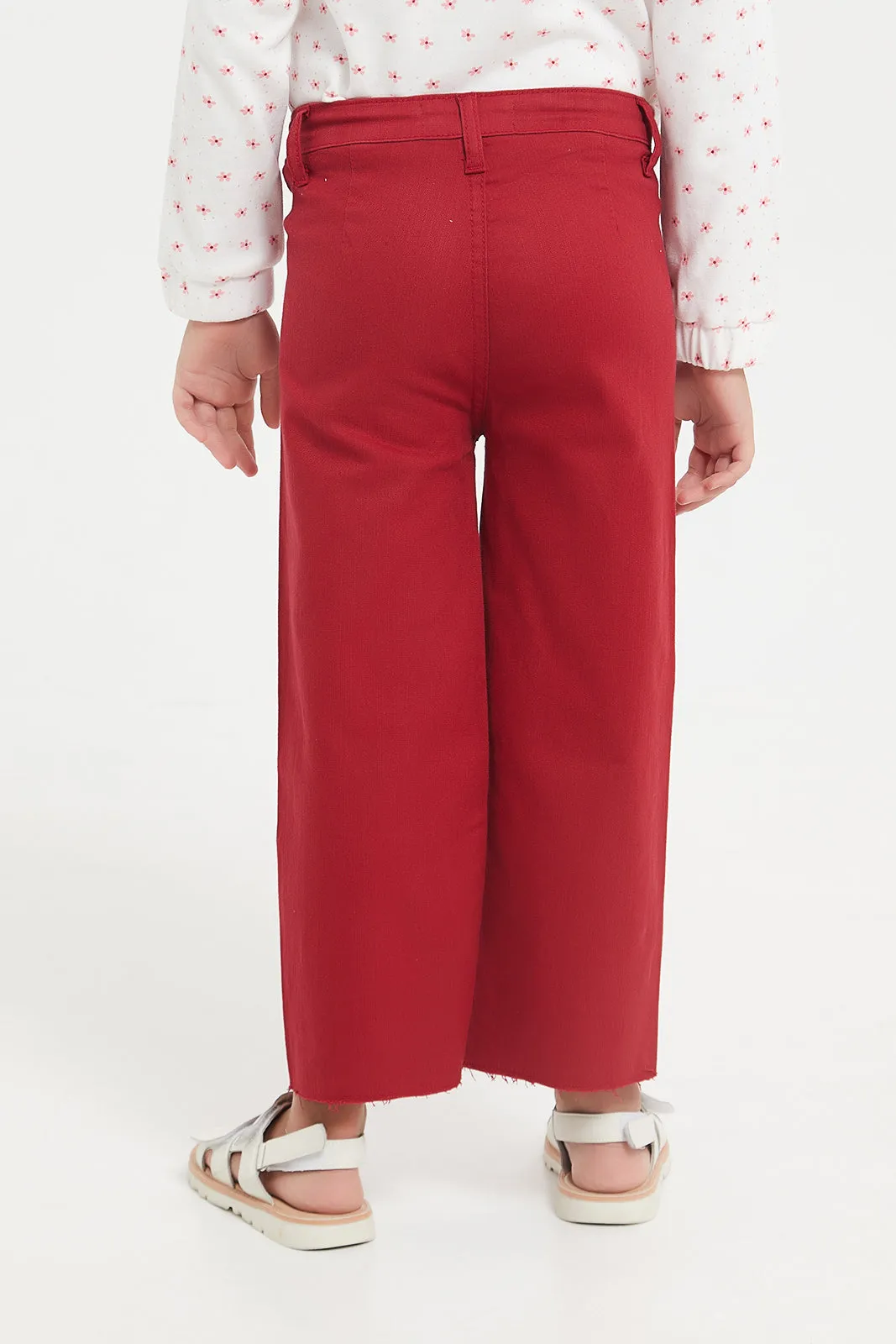Girls Red Wide Leg Jeans With Front Patch Pockets