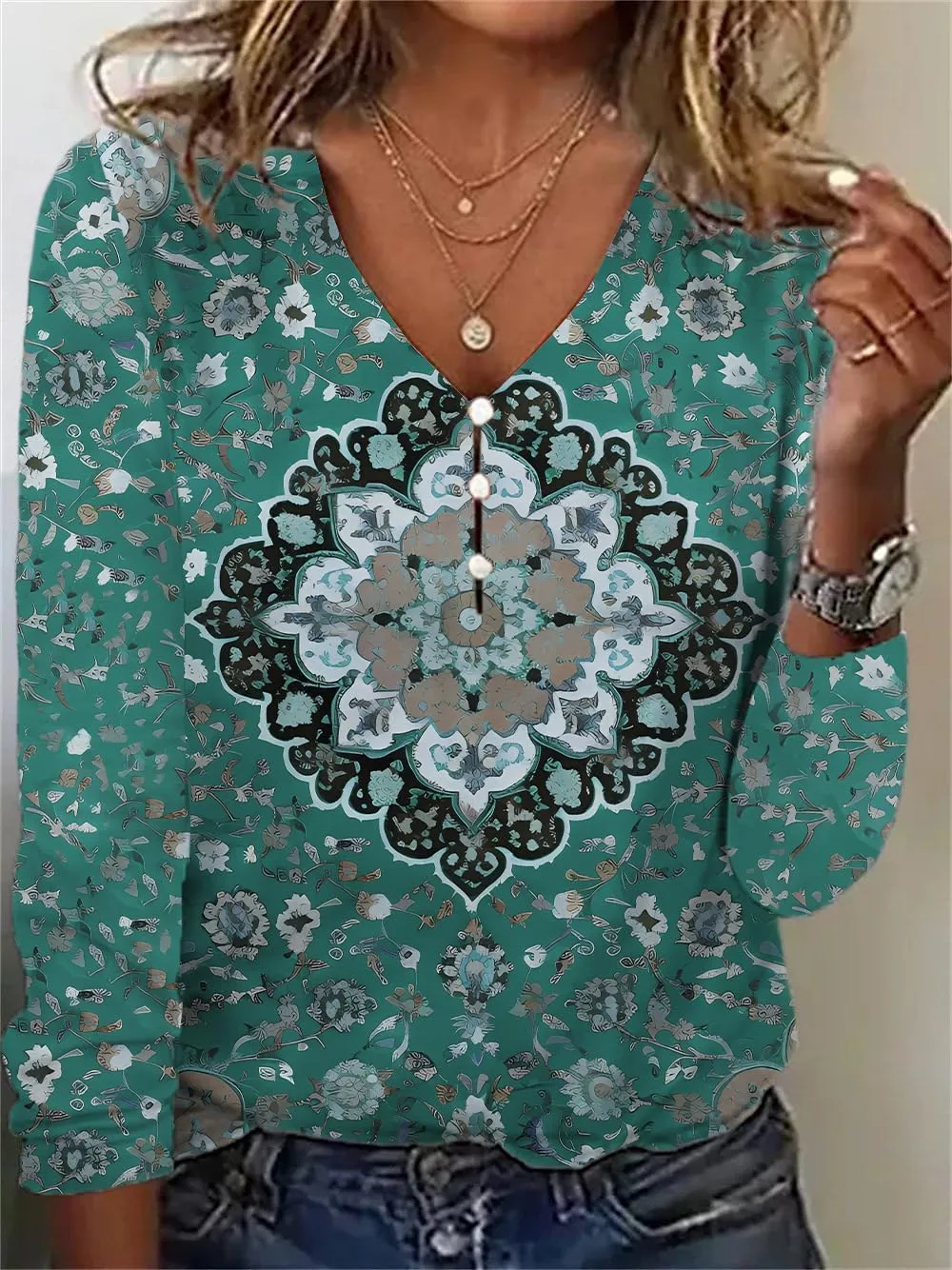 HOTYD Women's Boho Floral Print Blouses for Women Dressy Casual Button Cute Blouse V Neck Long Sleeve Shirts Tunic Tops