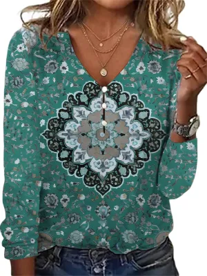 HOTYD Women's Boho Floral Print Blouses for Women Dressy Casual Button Cute Blouse V Neck Long Sleeve Shirts Tunic Tops