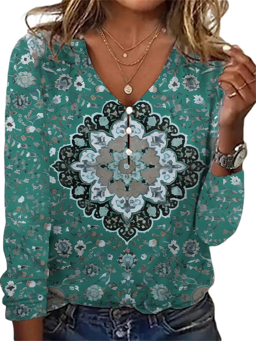 HOTYD Women's Boho Floral Print Blouses for Women Dressy Casual Button Cute Blouse V Neck Long Sleeve Shirts Tunic Tops