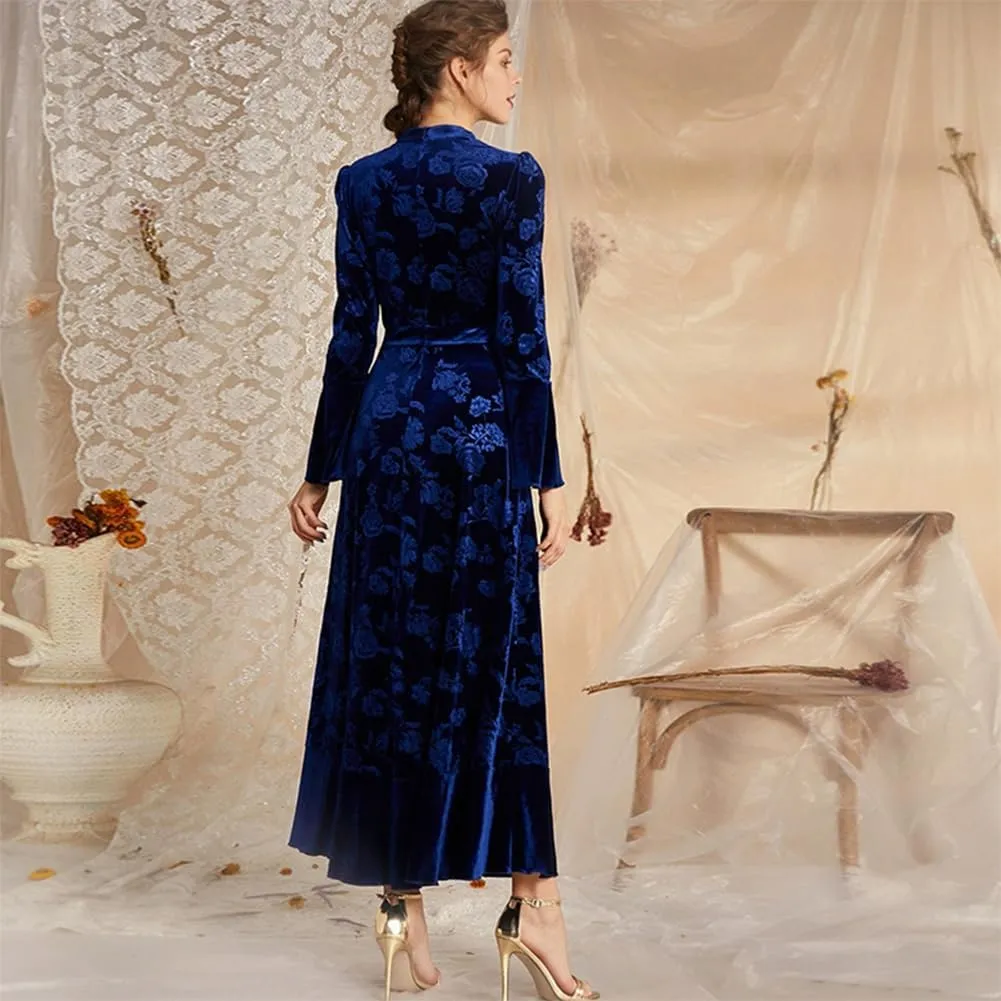 IDOPIP Women Long Bell Sleeve Floral Velvet Maxi Dress Fall Mock Neck Wedding Guest Dress Elegant Evening Cocktail Prom Gown