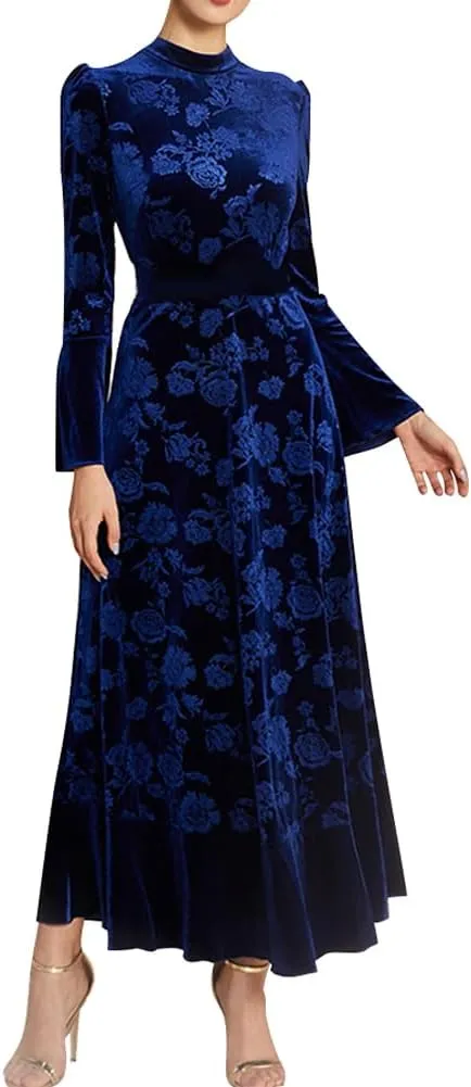 IDOPIP Women Long Bell Sleeve Floral Velvet Maxi Dress Fall Mock Neck Wedding Guest Dress Elegant Evening Cocktail Prom Gown