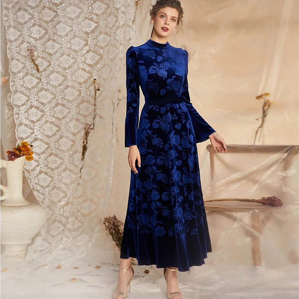 IDOPIP Women Long Bell Sleeve Floral Velvet Maxi Dress Fall Mock Neck Wedding Guest Dress Elegant Evening Cocktail Prom Gown