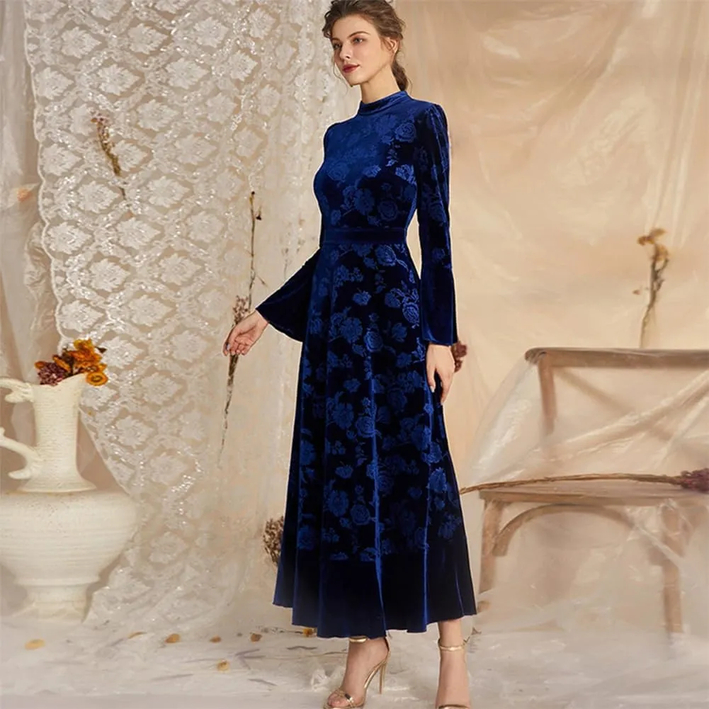 IDOPIP Women Long Bell Sleeve Floral Velvet Maxi Dress Fall Mock Neck Wedding Guest Dress Elegant Evening Cocktail Prom Gown