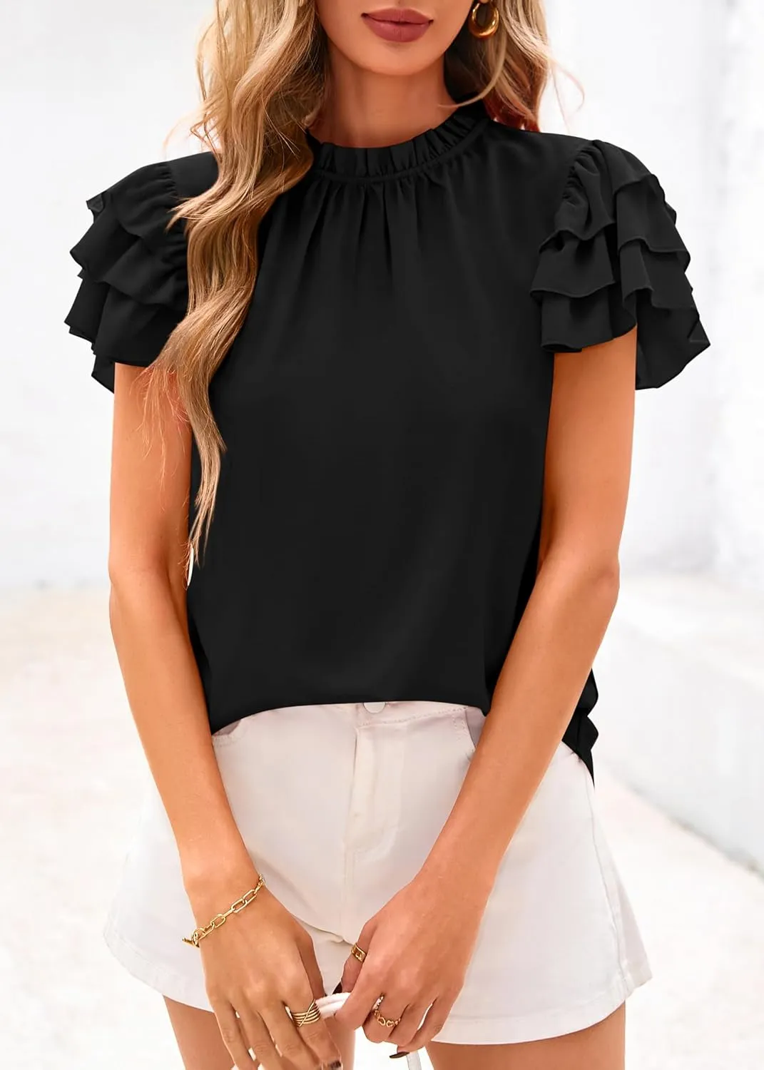 KIRUNDO Womens Blouse 2025 Spring Summer Dressy Casual Ruffle Short Sleeve Frill Mock Neck Work Shirt Tops Fashion Clothing