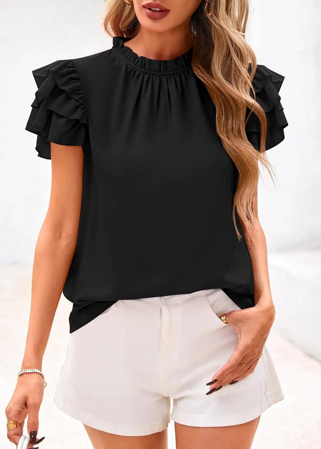KIRUNDO Womens Blouse 2025 Spring Summer Dressy Casual Ruffle Short Sleeve Frill Mock Neck Work Shirt Tops Fashion Clothing