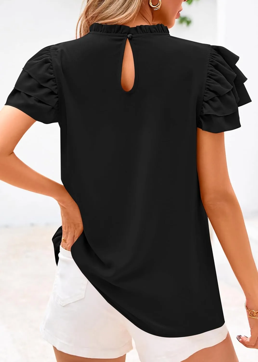 KIRUNDO Womens Blouse 2025 Spring Summer Dressy Casual Ruffle Short Sleeve Frill Mock Neck Work Shirt Tops Fashion Clothing