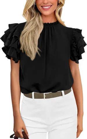 KIRUNDO Womens Blouse 2025 Spring Summer Dressy Casual Ruffle Short Sleeve Frill Mock Neck Work Shirt Tops Fashion Clothing