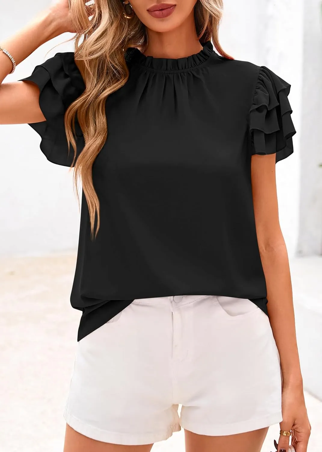 KIRUNDO Womens Blouse 2025 Spring Summer Dressy Casual Ruffle Short Sleeve Frill Mock Neck Work Shirt Tops Fashion Clothing