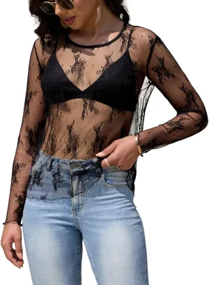 Lace Tops for Women Mesh Long Sleeve Top Crew Neck Sheer Blouse Sexy See Through Layering Shirts Outfits