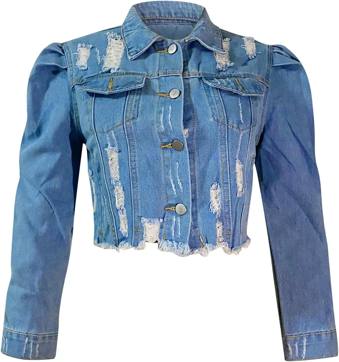 Long Puff Sleeve Jean Jacket for Women Trendy Short Cropped Denim Jackets Retro Frayed Raw Hem Ripped Denim Crop Top