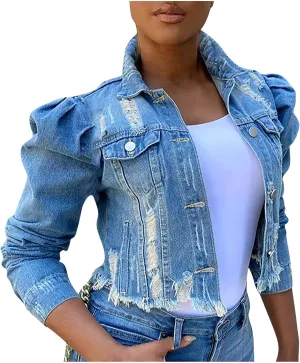 Long Puff Sleeve Jean Jacket for Women Trendy Short Cropped Denim Jackets Retro Frayed Raw Hem Ripped Denim Crop Top