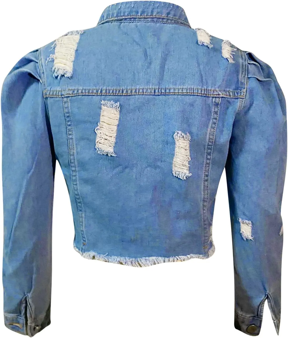 Long Puff Sleeve Jean Jacket for Women Trendy Short Cropped Denim Jackets Retro Frayed Raw Hem Ripped Denim Crop Top