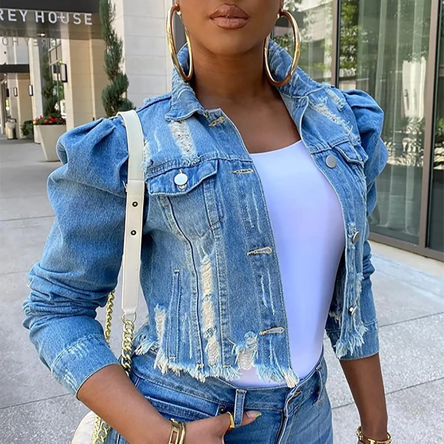 Long Puff Sleeve Jean Jacket for Women Trendy Short Cropped Denim Jackets Retro Frayed Raw Hem Ripped Denim Crop Top