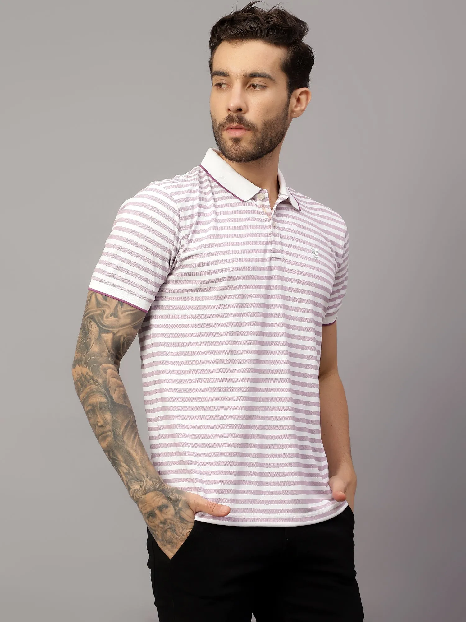 Men's Purple Stripe Polo neck Half Sleeve T-Shirt