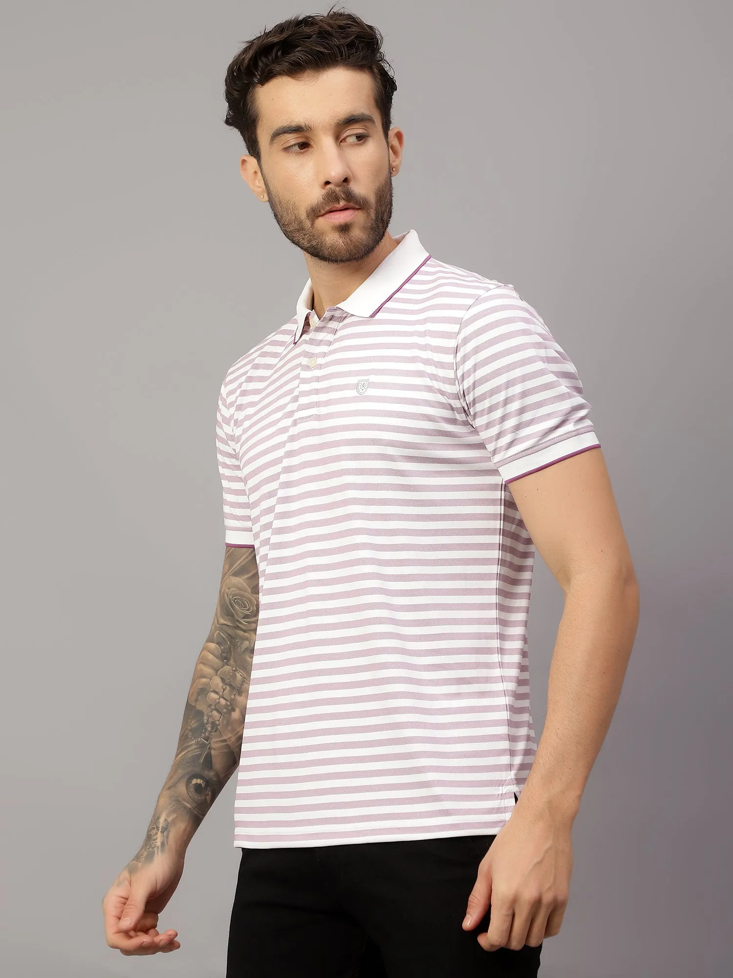Men's Purple Stripe Polo neck Half Sleeve T-Shirt