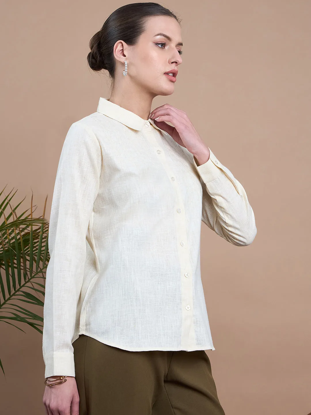 Noi Women Cream Solid Embroidered With Full Sleeves Formal Shirt