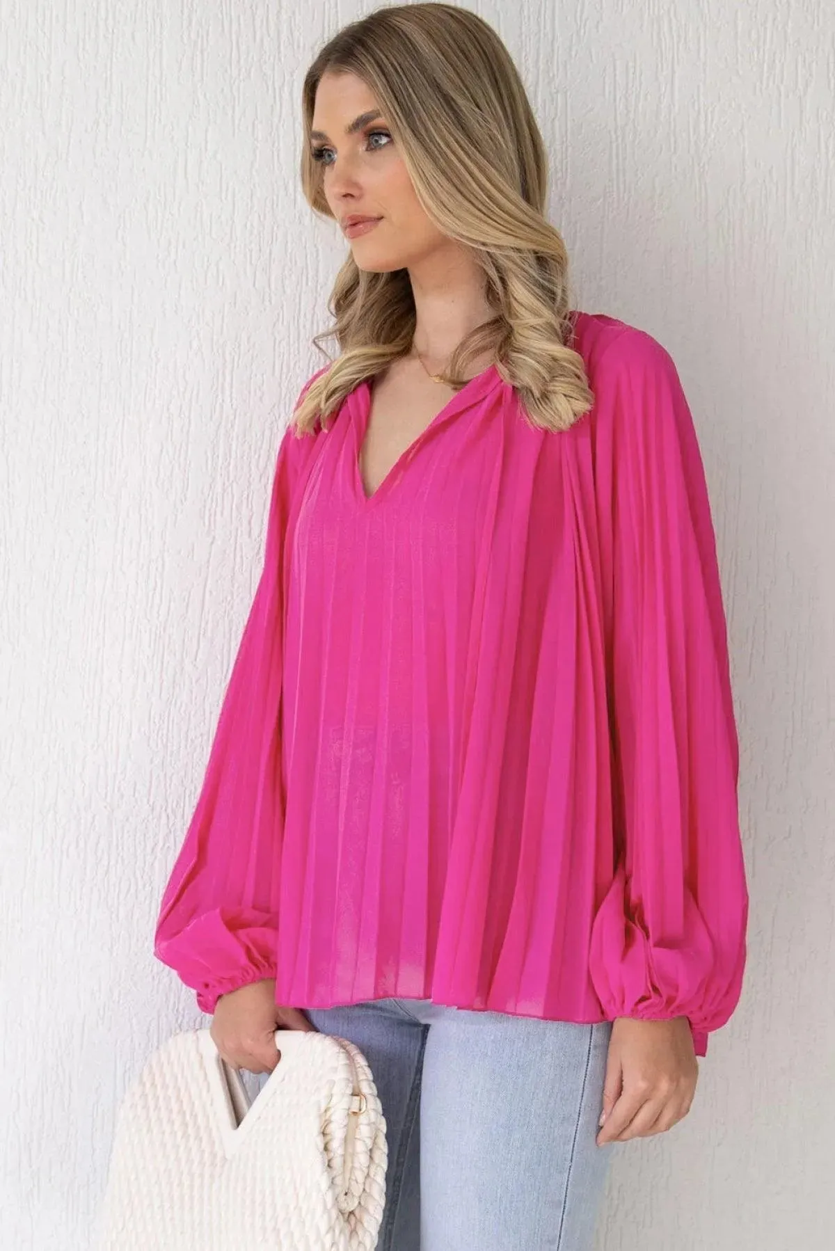 Pleated Bead String Tie V Neck Blouse Rose Color