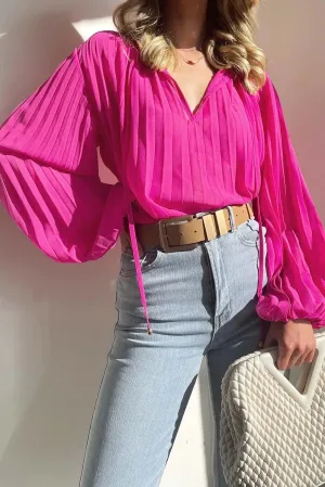 Pleated Bead String Tie V Neck Blouse Rose Color