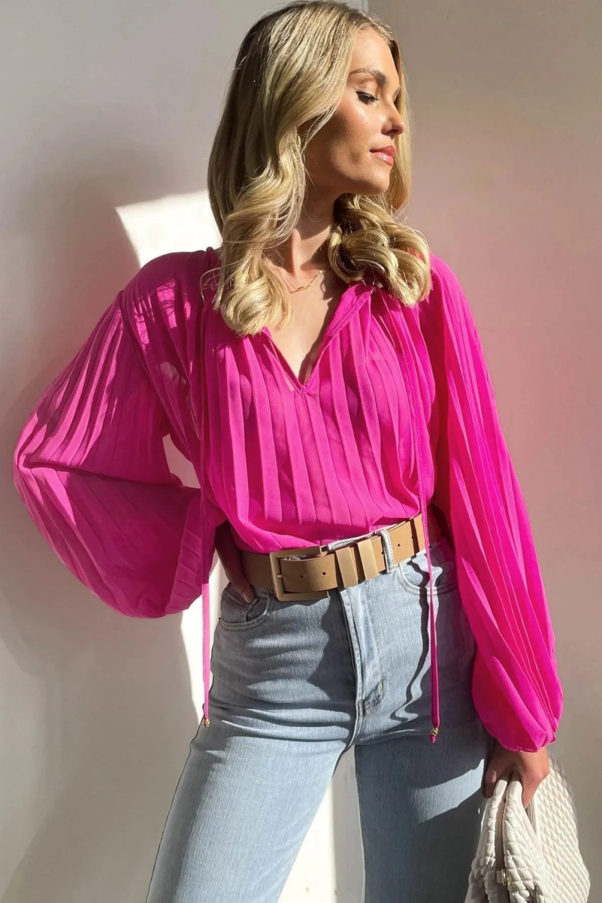 Pleated Bead String Tie V Neck Blouse Rose Color