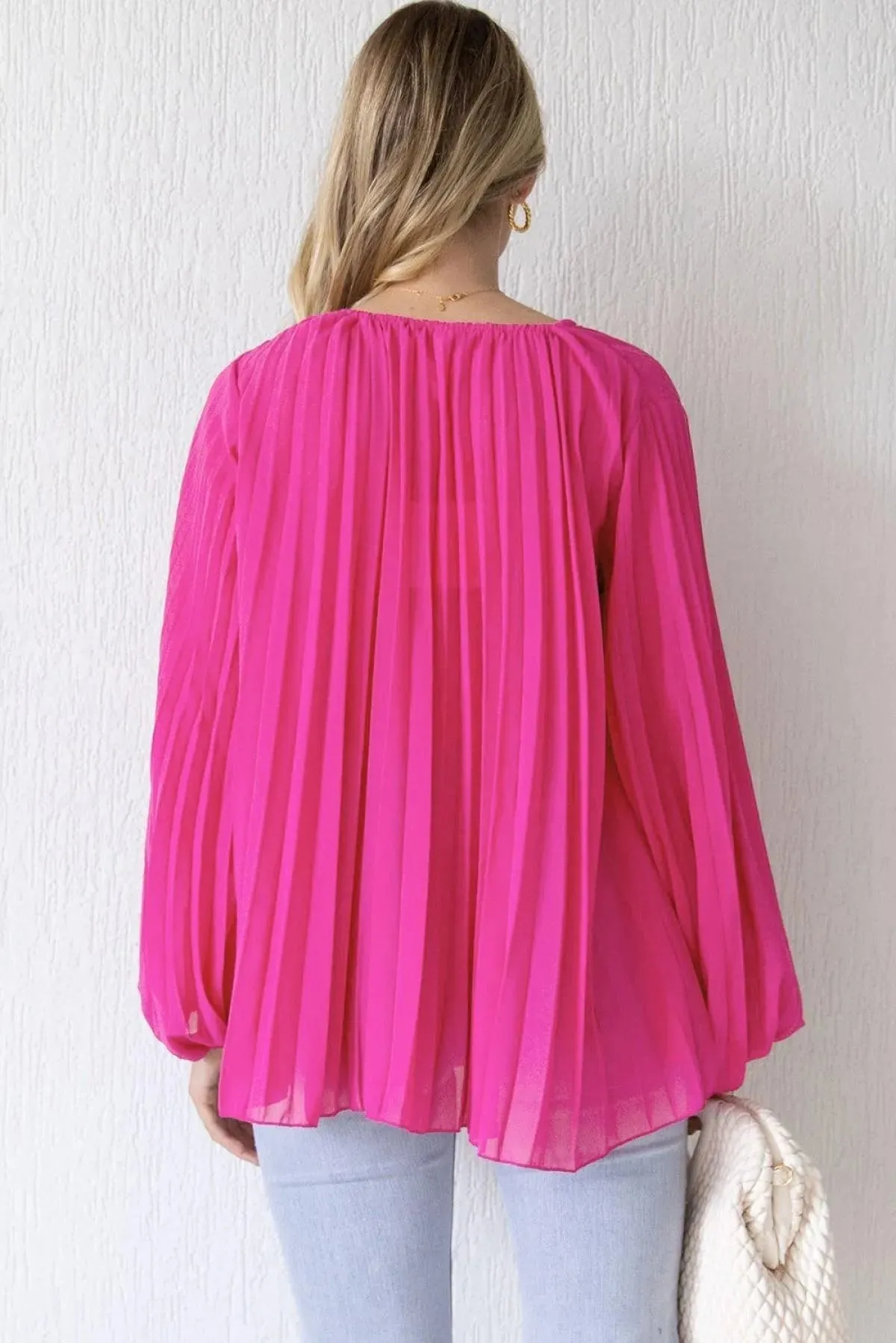 Pleated Bead String Tie V Neck Blouse Rose Color