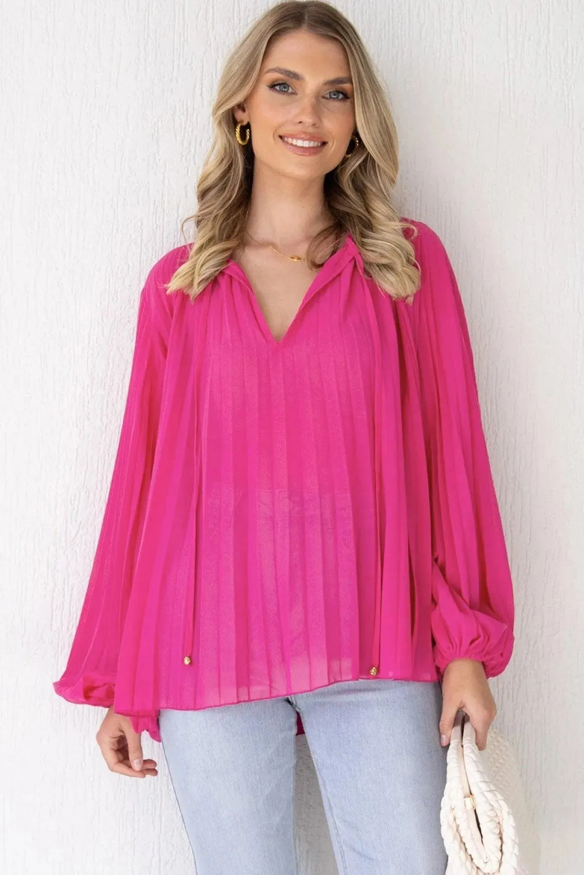 Pleated Bead String Tie V Neck Blouse Rose Color
