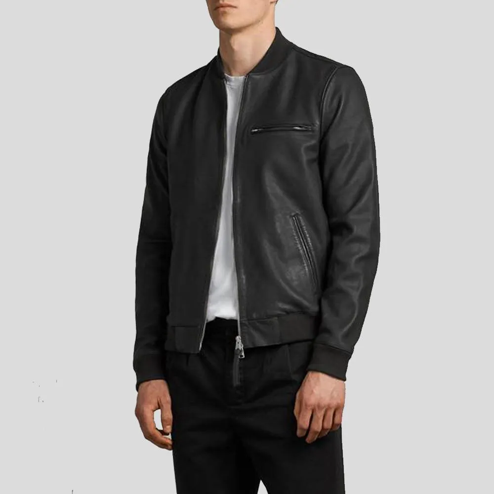 Porf Bomber Leather Jacket in Black for Men