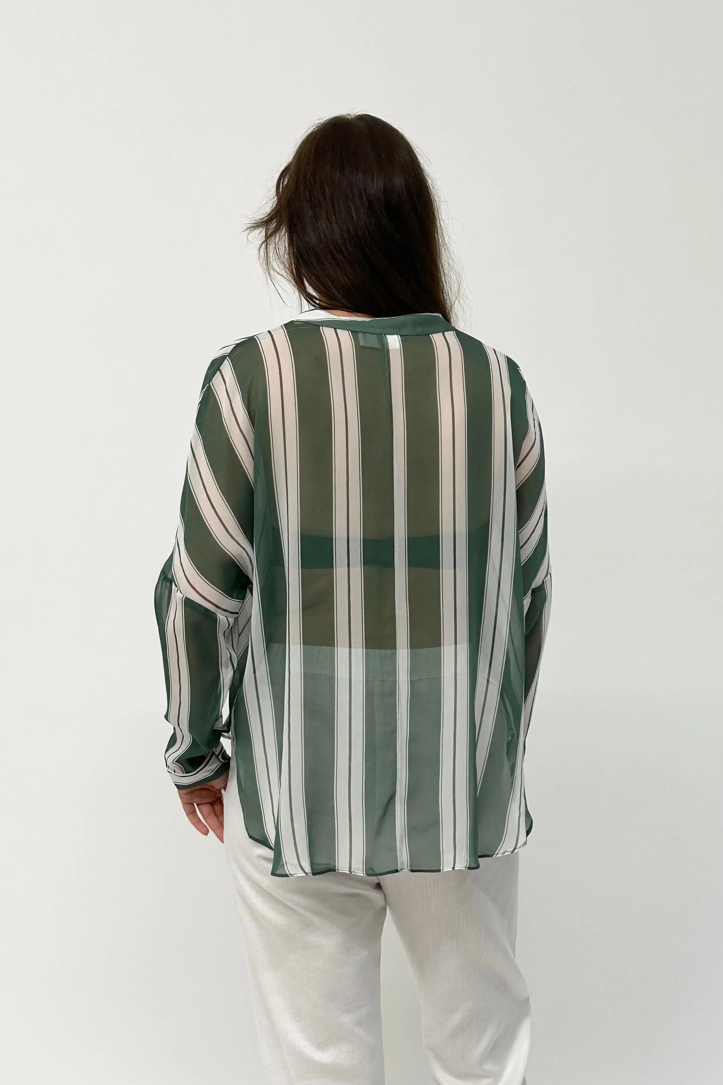 Rae’s Shirt Retro Stripe - GREEN AND WHITE Silk crepe