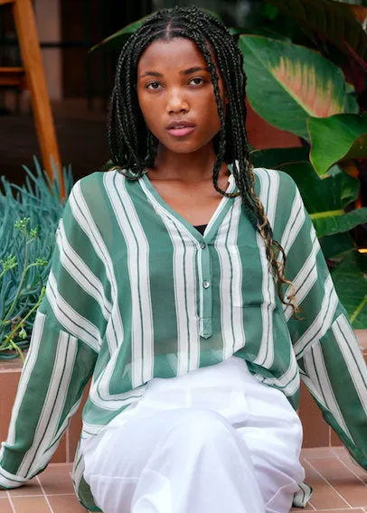 Rae’s Shirt Retro Stripe - GREEN AND WHITE Silk crepe