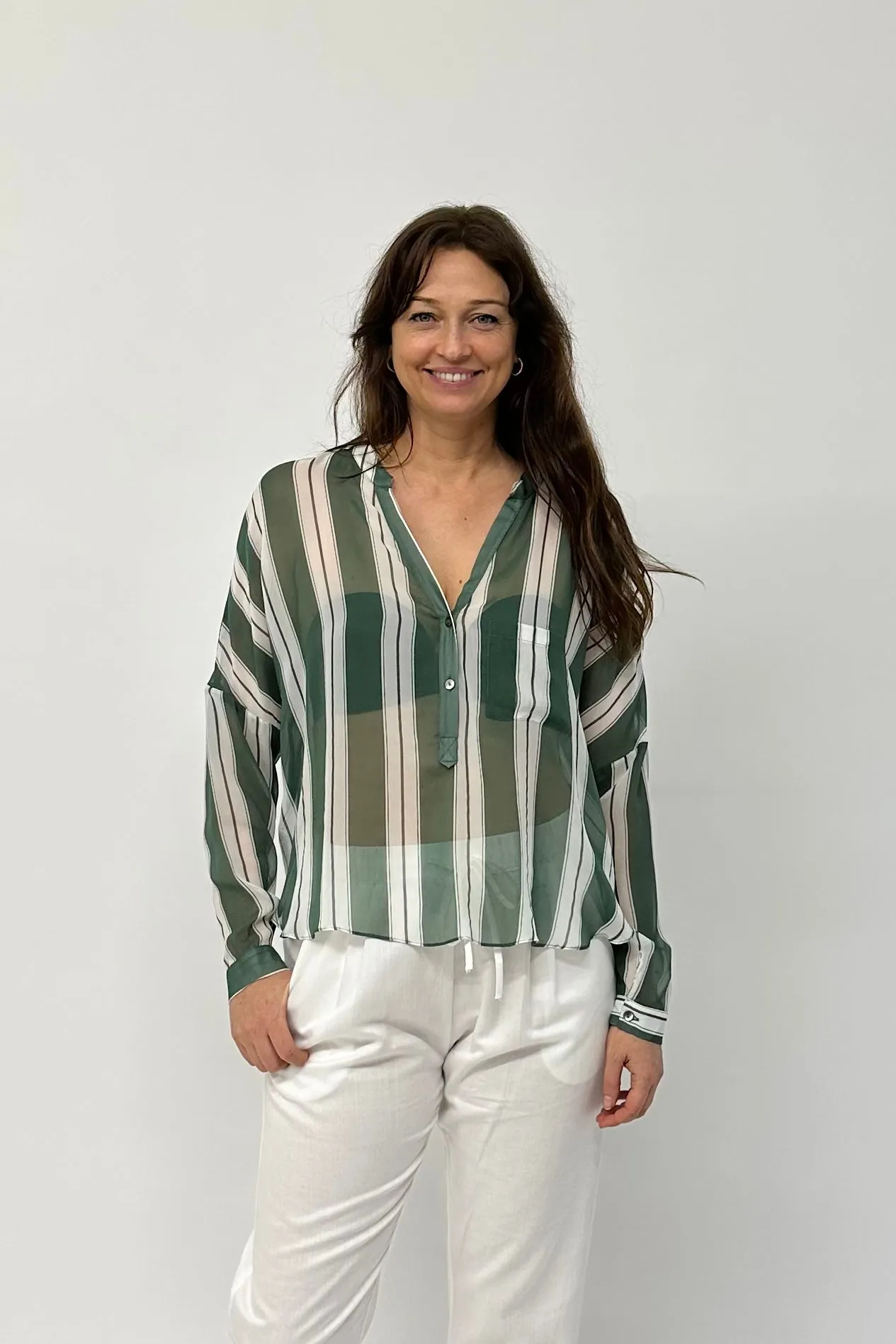 Rae’s Shirt Retro Stripe - GREEN AND WHITE Silk crepe