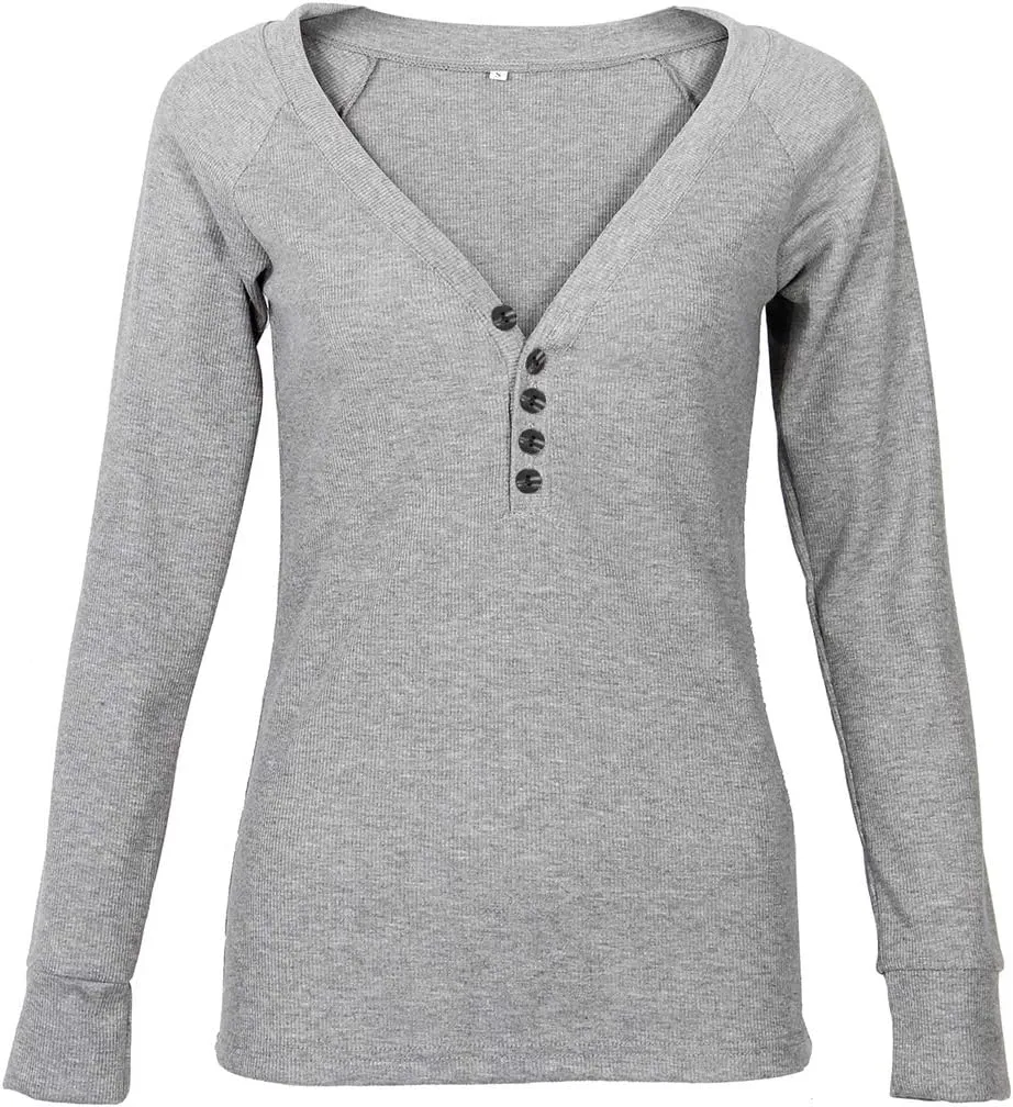 Roselux Women's Long Sleeve Fitted T-Shirts V Neck Knit Ribbed Henley Shirt Tops