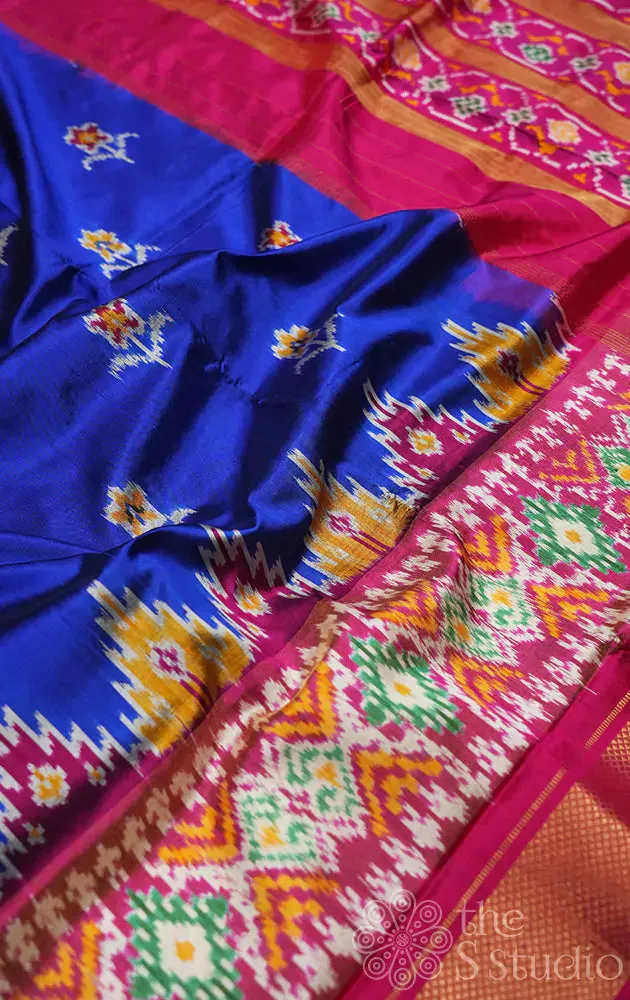 Royal blue ikkat silk saree with floral weaving