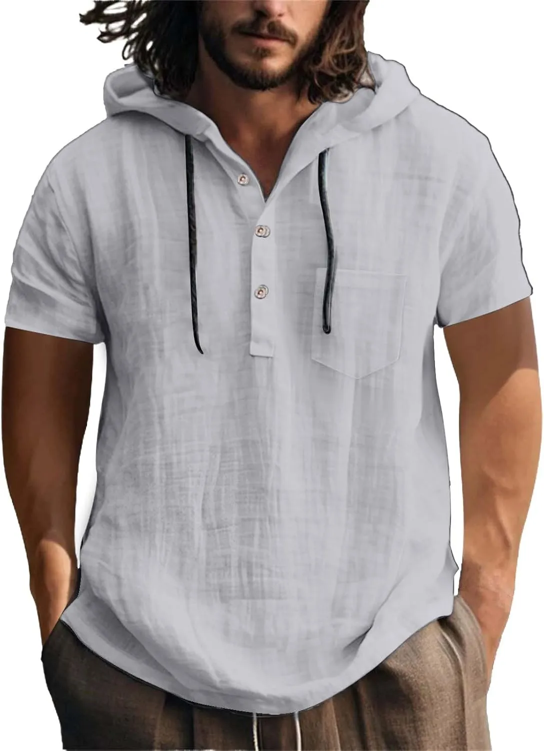 Short Sleeve Hoodies for Men Cotton Linen Casual Loose Fit Hoodies Lightweight Summer Sports Hiking Button Down Tshirts