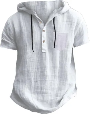 Short Sleeve Hoodies for Men Cotton Linen Casual Loose Fit Hoodies Lightweight Summer Sports Hiking Button Down Tshirts